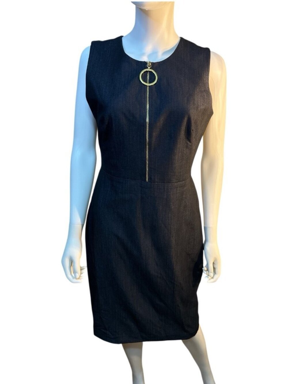 Calvin Klein Sheath Dress Navy Gold Zipper Front and Zipper Back Sz 8 Office EUC
